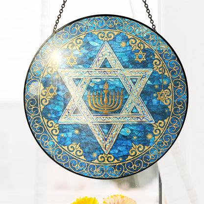FLAGWIX Hanukkah Gifts for Women Men - Star of David Stained Glass Window Hanging 8 in - Hanukkah Sun Catcher Hanging Decor, Chanukah Suncatchers for Garden Decor, Religious Spiritual Gifts for Mom