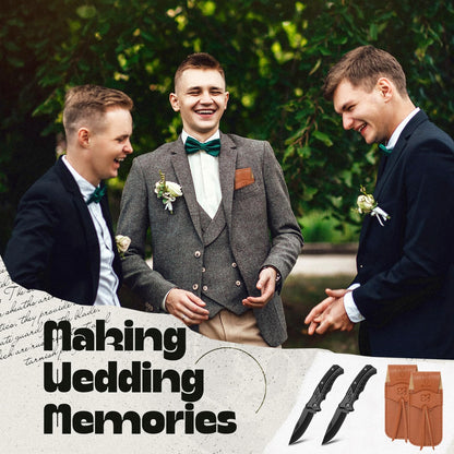 Abbylike 6 Set Groomsmen Gifts Personalized Groomsmen Pocket Knife with Leather Sheaths Mini Folding Knives Proposal Gifts for Wedding Party Favors(Classic,Black)