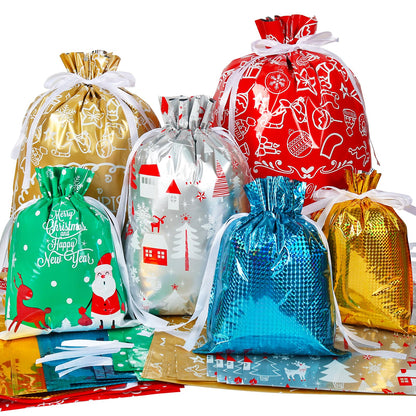 HRX Package 30pcs Foil Drawstring Christmas Gift Bags Assorted Sizes, Holiday Gift Wrapping Sacks Xmas Pouches for Presents