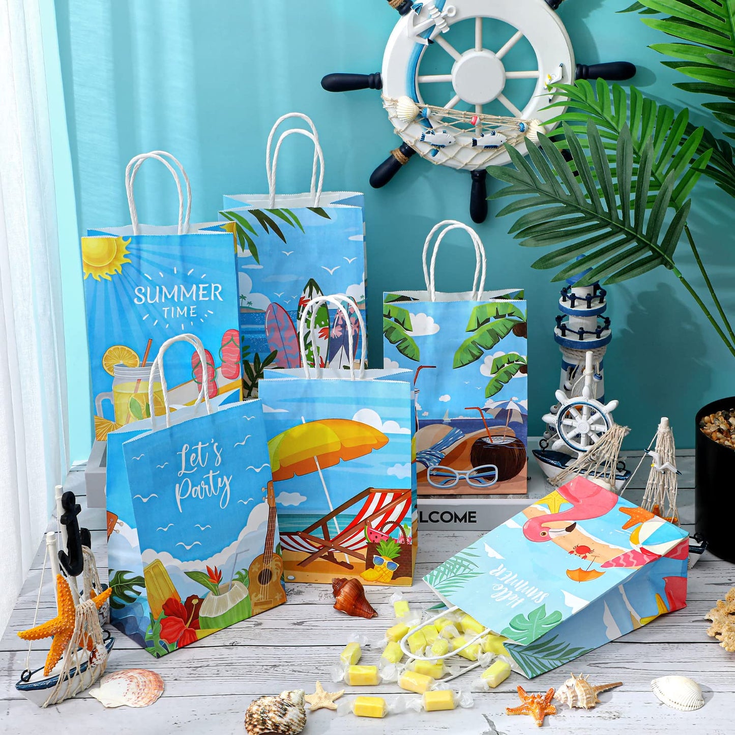 Leinuosen 30 Pcs Summer Beach Goodie Bags Summer Treat gifts Pool Snacks and Candy Bags with Handle for Hawaii Theme Kids Adults Birthday Baby Shower Favors, 8.3 x 5.9 x 3.1 Inch