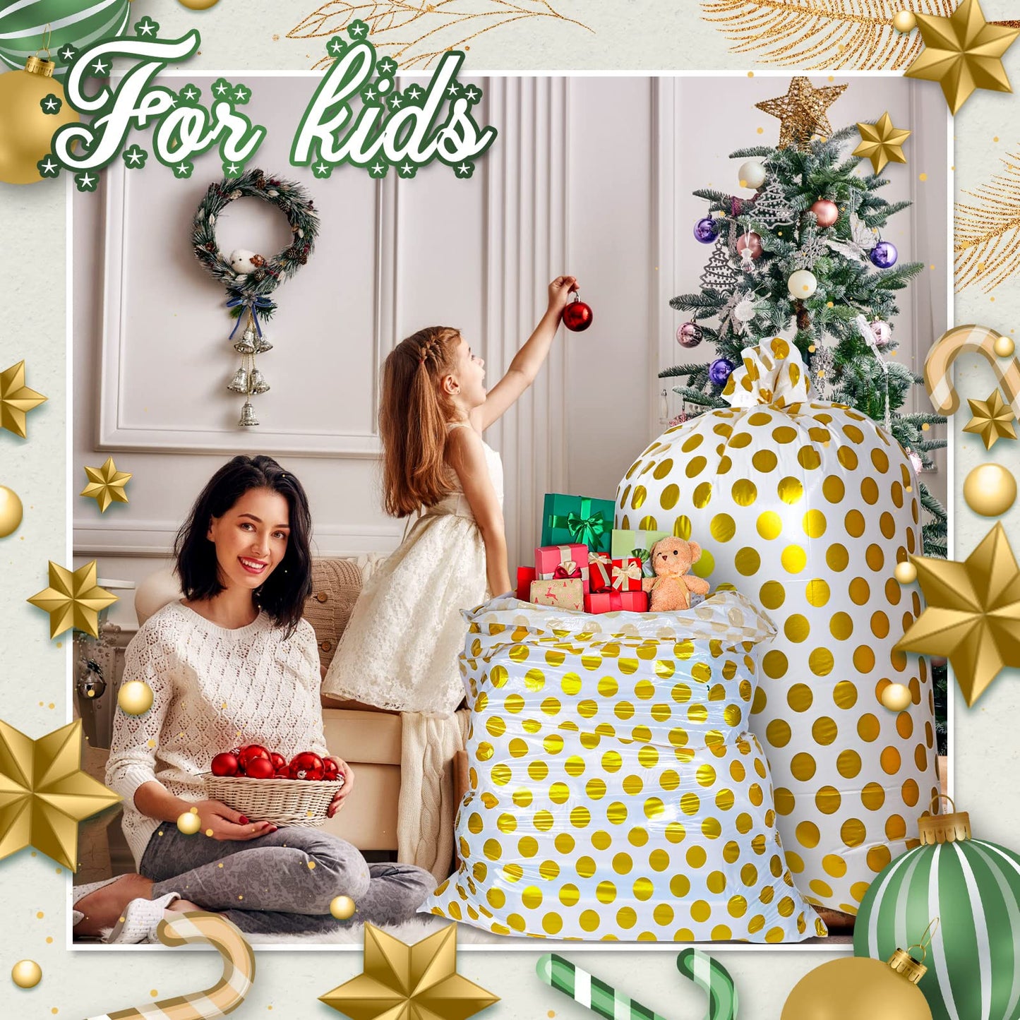 Sabary 2 Pcs 80 x 60 Inch Jumbo Bike Gift Bags Christmas Extra Large Plastic Giant Thicken Bicycle Bag White and Gold Dots Xmas Holiday Bags for Snack Treat Goodies Weddings Birthdays Engagement Party