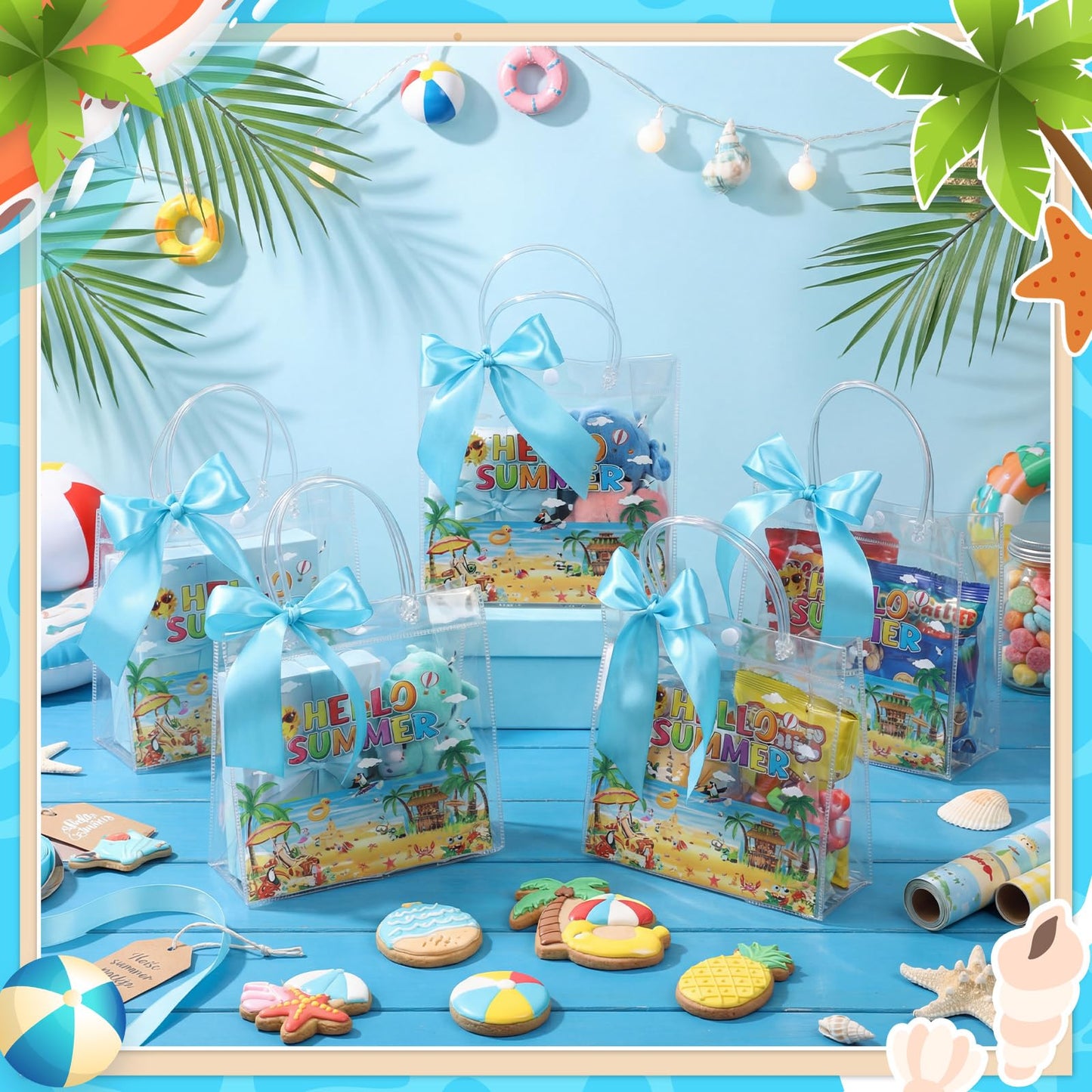 Tatuo 24 Pcs Hello Summer Gift Bags 7.9 x 3.2 x 7.9 Clear PVC Beach Bag with Handles Ribbon Bows Waterproof Goodie Candy Treat Tote for Summer Pool Beach Tropical Birthday Party Favors Supplies