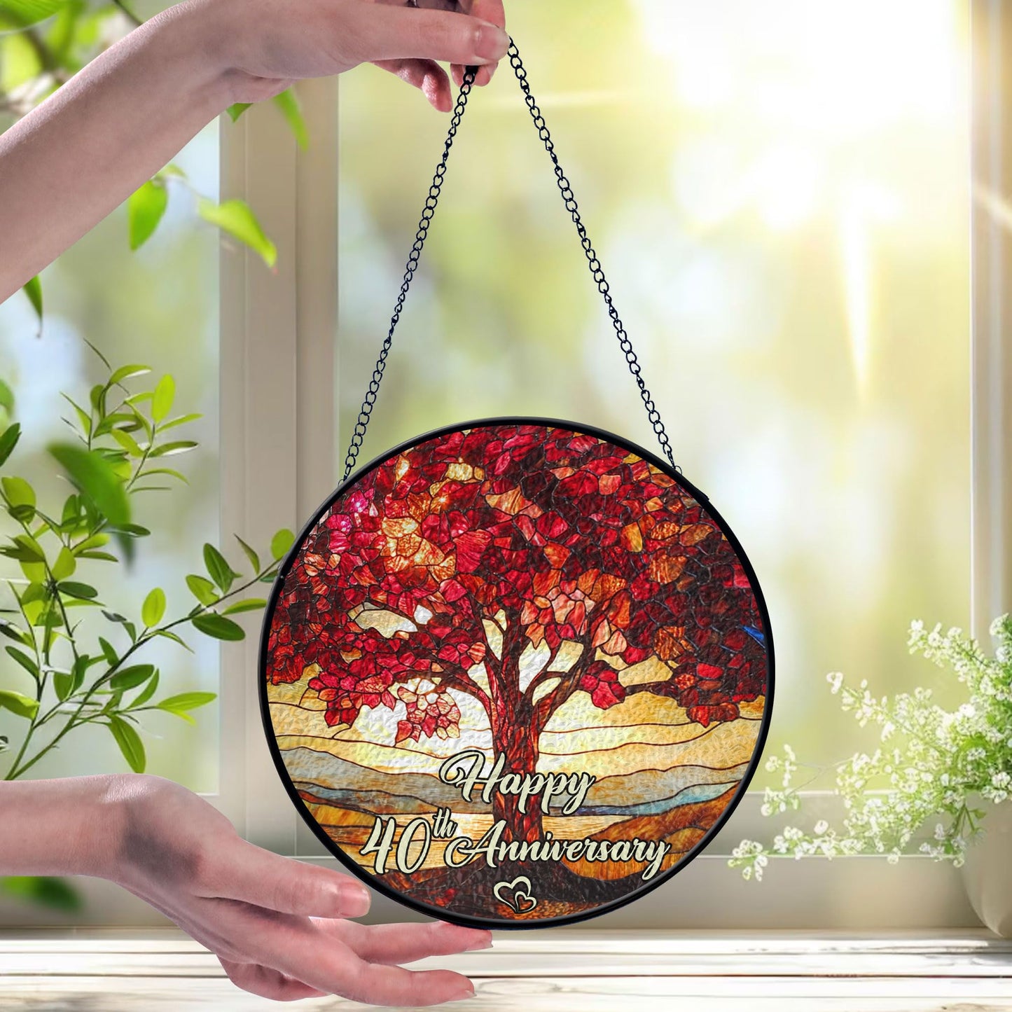 40th Wedding Anniversary Faux Stained Glass Suncatcher, 40 Years Marriage Keepsake Suncatcher, Ruby Wedding for Parents