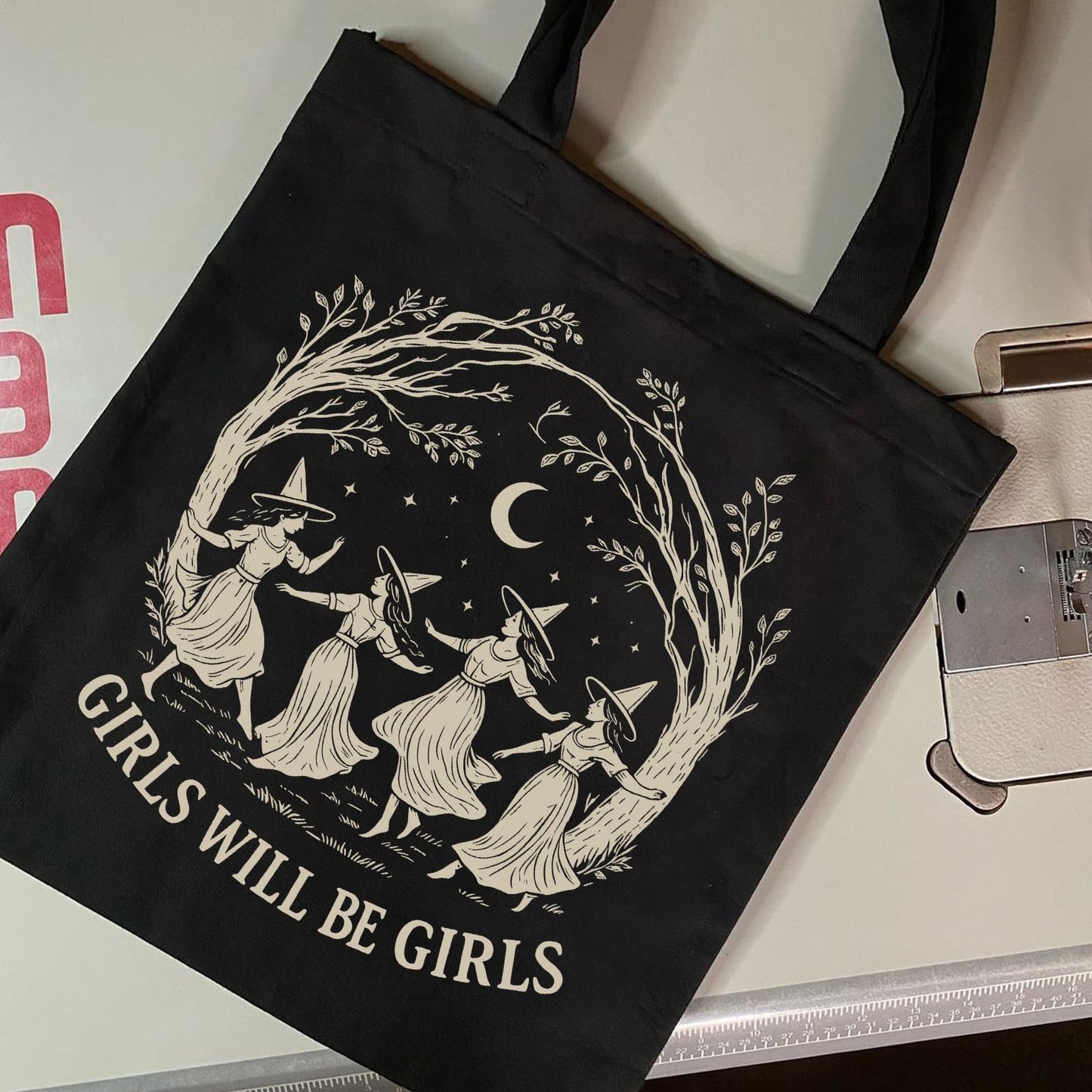 Girls Will Be Girls Witchy Canvas Tote Bag– Aesthetic Witchy Gifts for Women, Cute Spooky Reusable Travel Tote, Witch Inspired Canvas Gift, Black