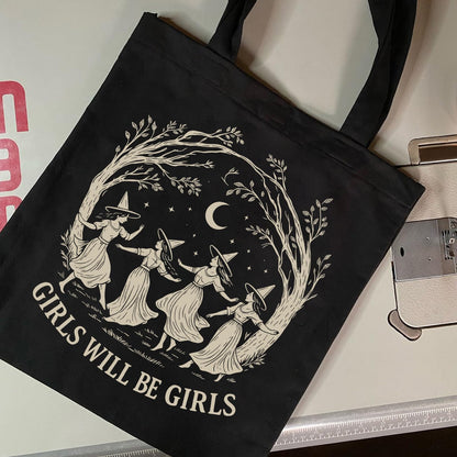 Girls Will Be Girls Witchy Canvas Tote Bag– Aesthetic Witchy Gifts for Women, Cute Spooky Reusable Travel Tote, Witch Inspired Canvas Gift, Black