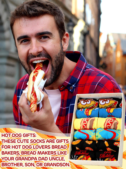 Haysandy 6 Pairs Funny Food Socks for Men Novelty Snack Lover Gift Crazy Design Socks for Pepper Bacon Hot Dogs Burger Pizza