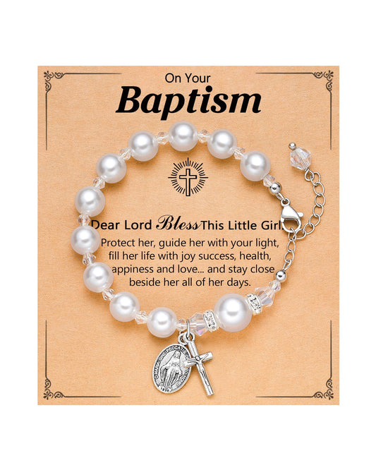 UNGENT THEM Rosary Cross Pearl Bracelet Baptism Communion Catholic Confirmation Easter Gifts for Girls Granddaughter Daughter Niece