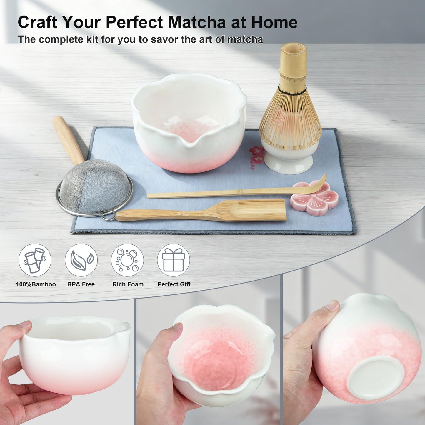 ENVTEK 8Pcs Matcha Whisk Set with Floral Ceramic Matcha Bowl, Wooden-Handled Sifter, Bamboo Whisk, Whisk Holder, Bamboo Scoop, Scoop Rest, Spoon, Tea Towel, Greeting card, Gift for Beginners