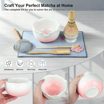 ENVTEK 8Pcs Matcha Whisk Set with Floral Ceramic Matcha Bowl, Wooden-Handled Sifter, Bamboo Whisk, Whisk Holder, Bamboo Scoop, Scoop Rest, Spoon, Tea Towel, Greeting card, Gift for Beginners