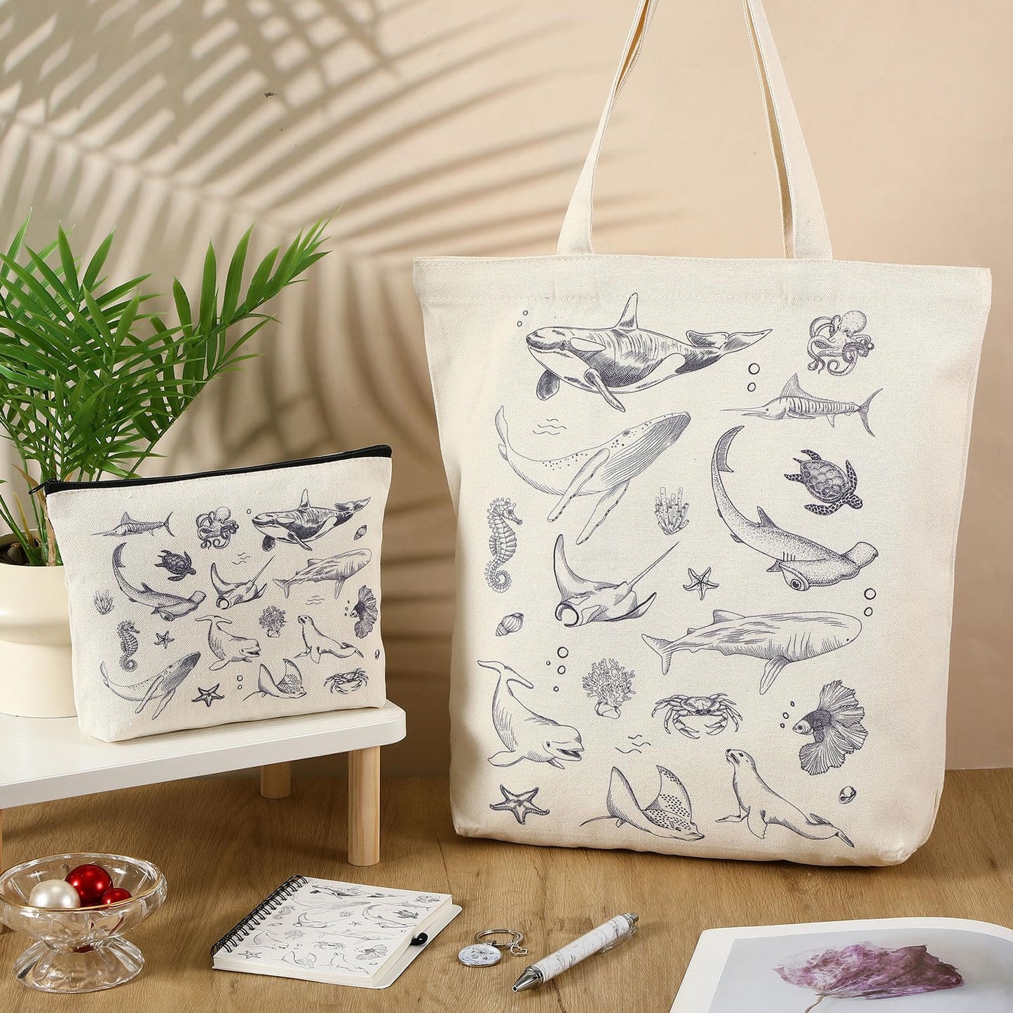 5 Pcs Sea Animal Themed Gifts Set for Women Include Canvas Beach Tote Bag Makeup Bag Keychain Notebook Pen for Ocean Lovers Party Favors Birthday Gift for Christmas