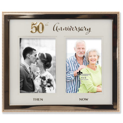 4x6 Double Gold Beaded Metal 50th Anniversary Picture Frame, Then and Now