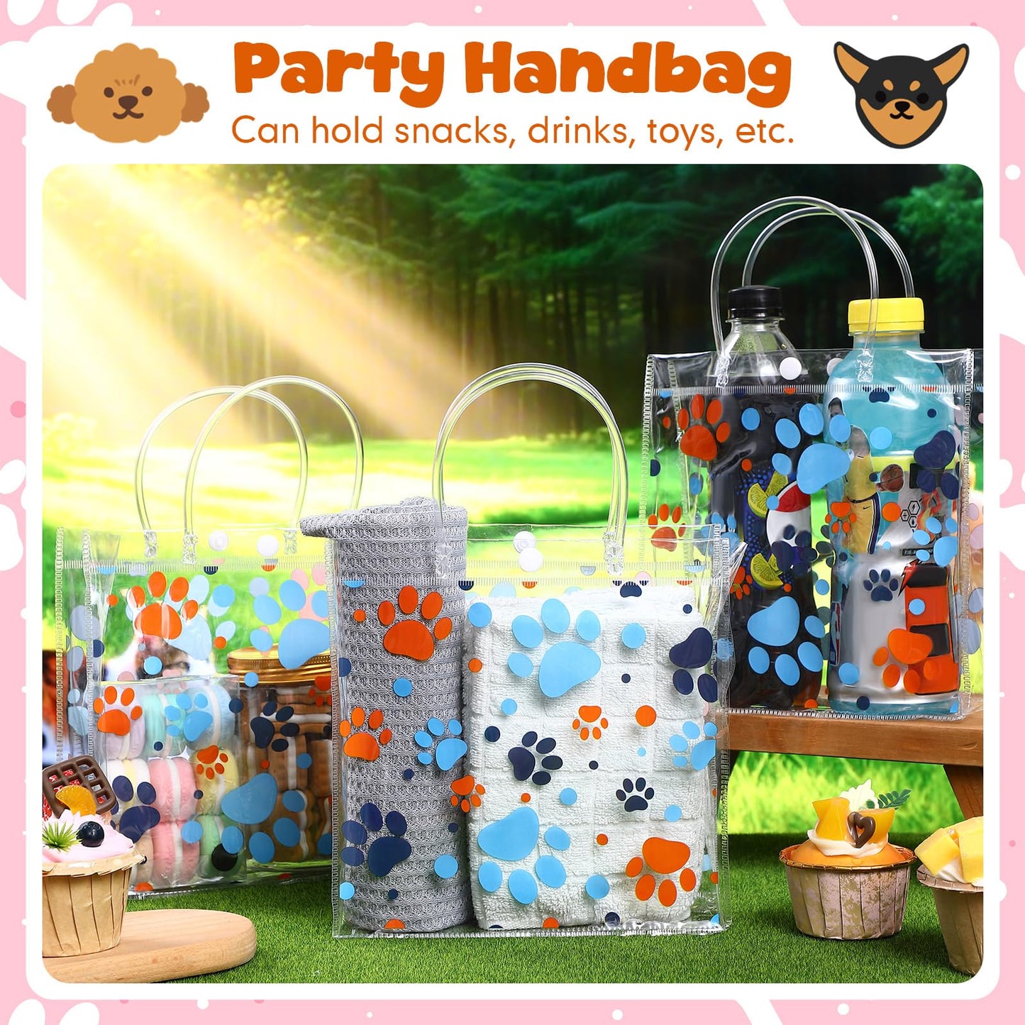 Abbylike 24 Pcs Dog Paw Clear PVC Gift Bag with Handles Party Favor Bag Candy Gift Treat Bags for Sports Theme Party Decorations Game Celebration Supplies Birthday Decorations