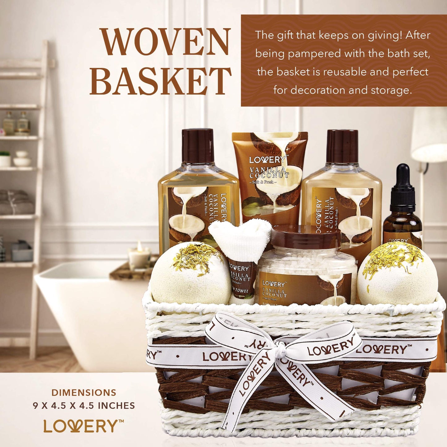 Gifts For Women Gift Basket for Women– Mothers Day Gifts for Mom, 9 Piece Set of Vanilla Coconut Home Spa Set, Luxurious Bath and Body Set, Includes Fragrant Lotions, Large Bath Bombs, Coconut Oil