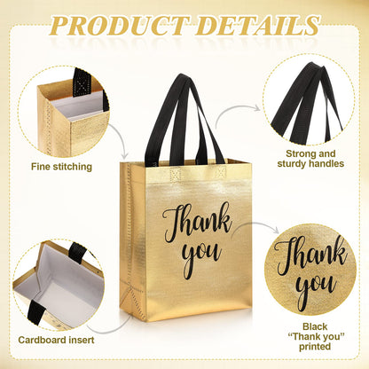 Fumete 50 Pcs Gold Glossy Thank You Gift Bag with Handles 8 x 4 x 10 Inch Non Woven Reusable Gift Bags for Graduation Fathers Day Wedding Birthday Party Engagement Anniversary Holidays