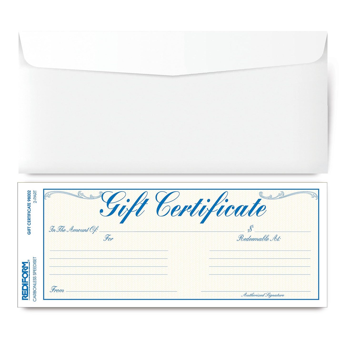 Rediform Gift Certificate Pack, 25 Duplicates with Envelopes, 3.625" x 9.5", Numbered, Blue/Gold (98002)