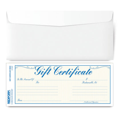 Rediform Gift Certificate Pack, 25 Duplicates with Envelopes, 3.625" x 9.5", Numbered, Blue/Gold (98002)
