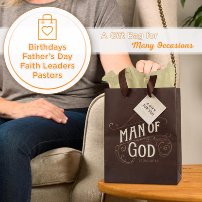 Christian Art Gifts Medium Portrait Gift Bag & Tissue Set for Men: Man of God Inspirational Scripture, Satin Handles, Brown & Gold