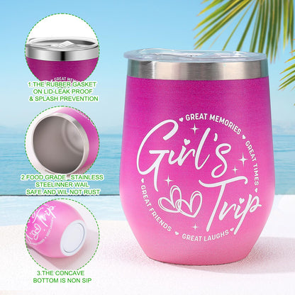 4 Pack Girl's Trip Tumbler Set with Lids 12 Oz Stainless Steel Travel Wine Tumbler for Girls Women Friendship Travel Weekend Trip Vacation Bachelorette Party Camping Gifts