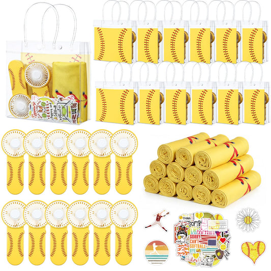 Tujoe 36 Pcs Softball Party Favors 40 x 12 Cooling Workout Towel Mini Portable Handheld Fan with Lanyards Clear Softball Gift Bag with Handles and Stickers for Sport Team Gift, Battery Not Include