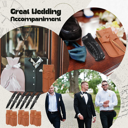 Abbylike 6 Set Groomsmen Gifts Personalized Groomsmen Pocket Knife with Leather Sheaths Mini Folding Knives Proposal Gifts for Wedding Party Favors(Classic,Black)
