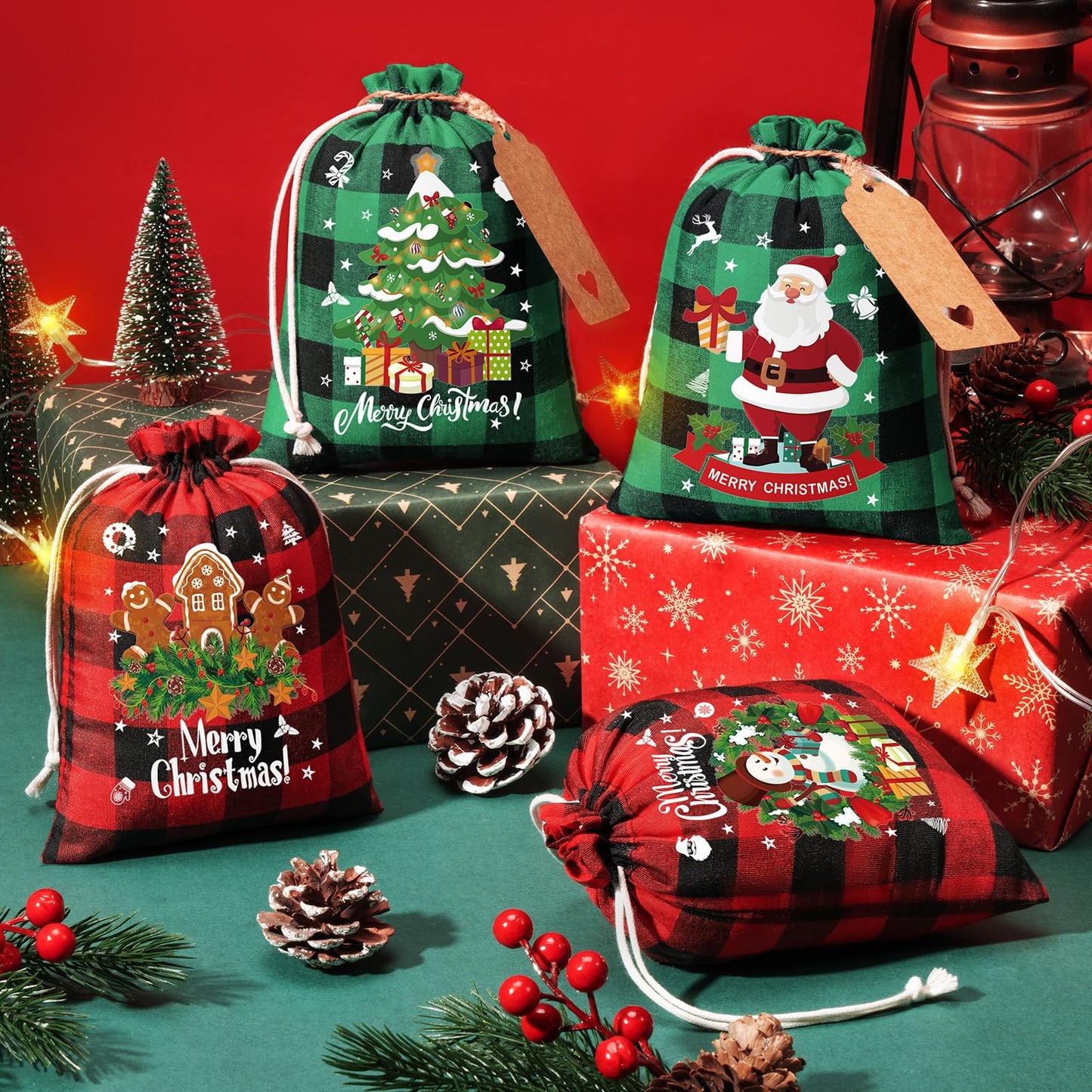 FLOE 24Pcs Burlap Christmas Drawstring Bags, 6x8in Buffalo Plaid Xmas Gift Bags w/Tag Xmas Candy Bag Small Christmas Linen Treat Goody Gift Sacks Reusable Gifts Wrapping Bag Holiday Party Favors Sack