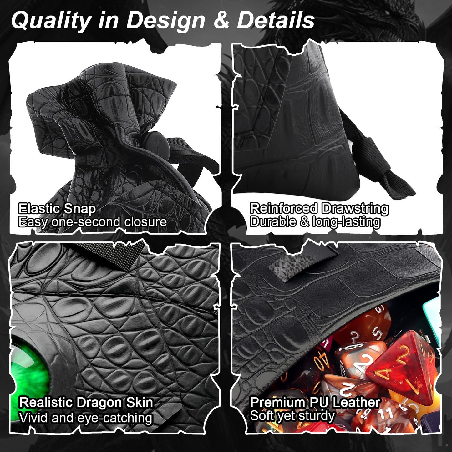 Haxtec Dragon Dice Bag PU Leather DND Dice Pouch with 3D Glass Dragon Eye, Small Drawstring Bag for Dungeons & Dragons, D&D Gamer Gifts for Dragon Lovers, Patent D893867