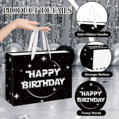 Anyangzhao Space Galaxy Birthday Gift Bag, Black Happy Birthday Gift Bag, with Greeting Card and Tissue Paper, Galaxy Party Favors Bag for Kids, Boys, Baby Shower, Star Theme Party Supplies