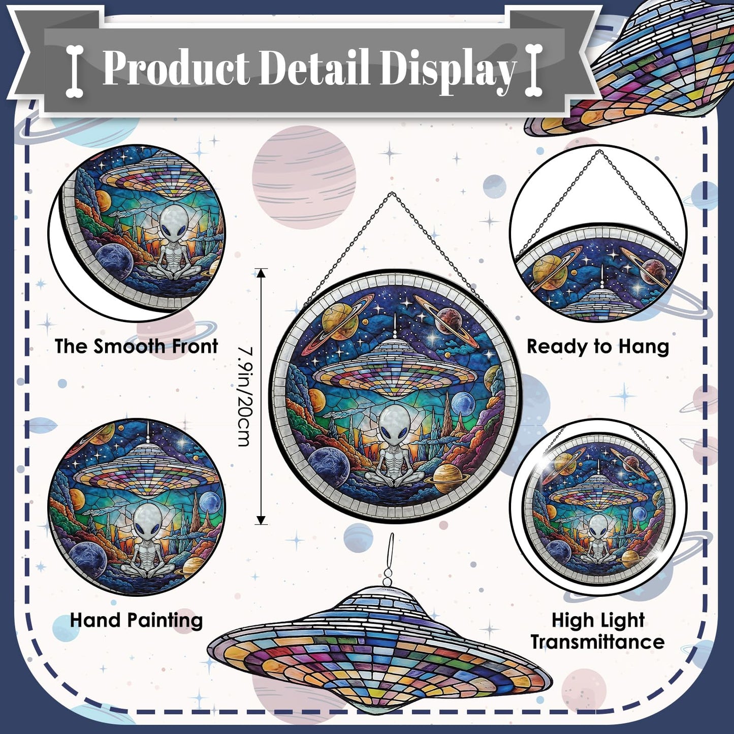 Alien Spaceship Stained Glass Window Hanging, 7.9" UFO Sun Catcher Glass Panel Boho Wall Art Decor, Hand Painted Round Ornament for Friends, Art Lover, Astronomer