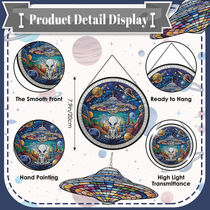 Alien Spaceship Stained Glass Window Hanging, 7.9" UFO Sun Catcher Glass Panel Boho Wall Art Decor, Hand Painted Round Ornament for Friends, Art Lover, Astronomer