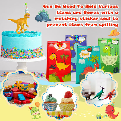 Containlol 30 Pack Dinosaur Party Gift Bags Little Dinosaur Goodie Candy Bag with Matching Stickers Party Favor Supplies for Dinosaurs Themed Birthday Baby Shower(Classical)