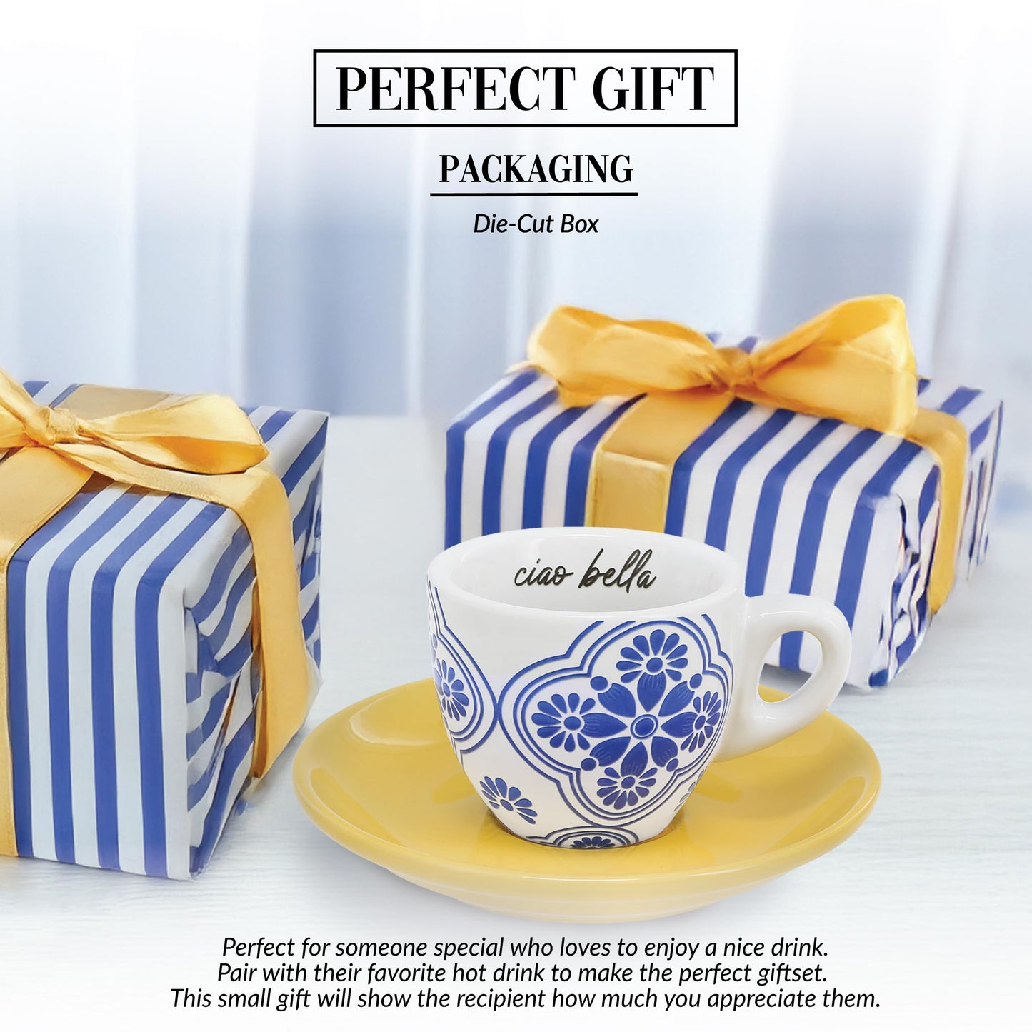 Pavilion Gift Company - Ciao Bella - 2.5 oz Stoneware Espresso Cup Saucer Mediterranean Summer Vibrant Drinkware