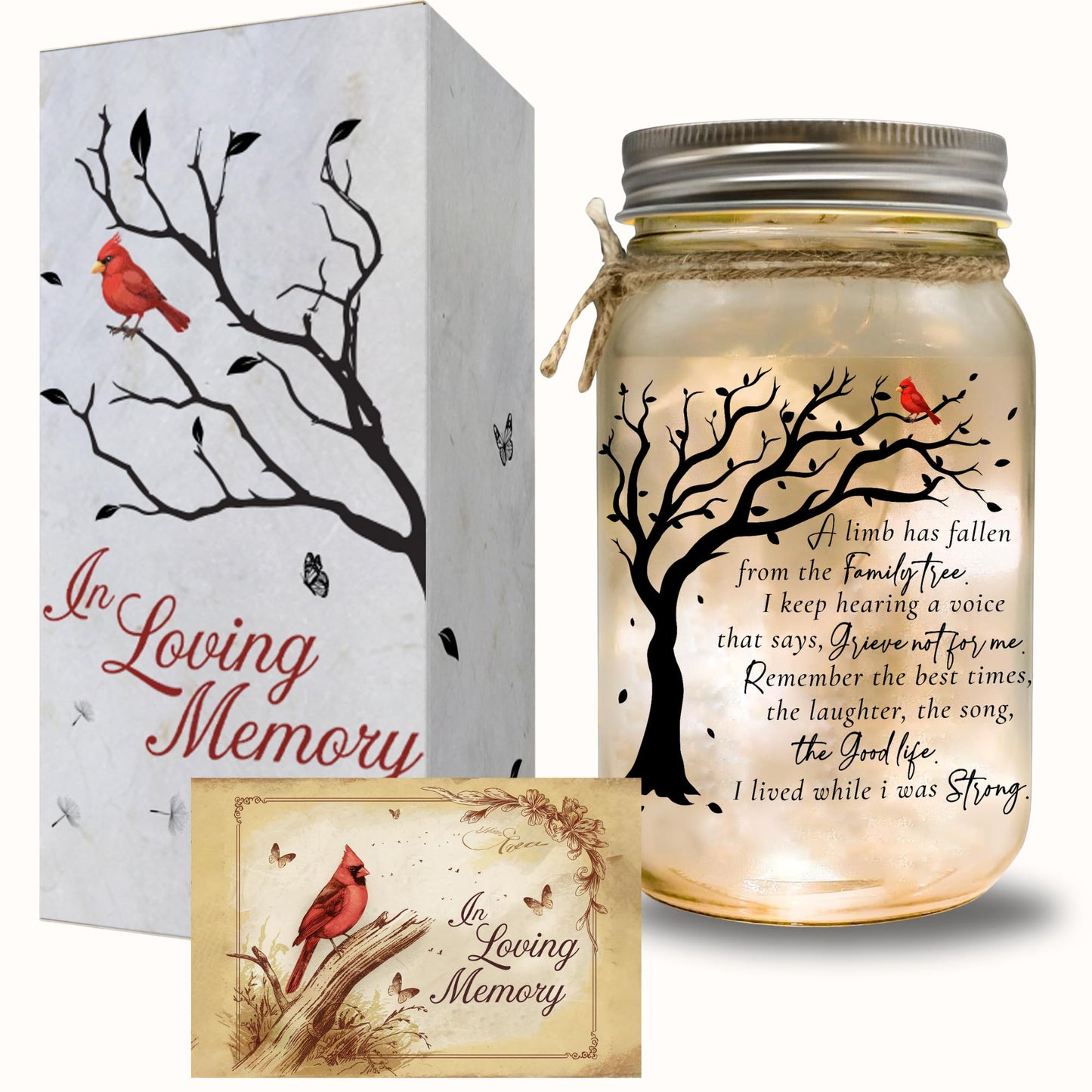 Memorial Gifts Mason Jar Light, Red Cardinal - Memory Gifts for Loss Loved Ones, Bereavement Gift Idea, Sympathy Loss of Mother, Dad, Son, Husband/Family Member A Limb Has Fallen From Our Family Tree