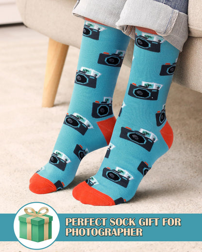 Glitopper 6 Pairs Photographer Gifts for Men Funny Camera Photography Crew Socks Novelty Birthday Holiday Gift for Photograph Lovers