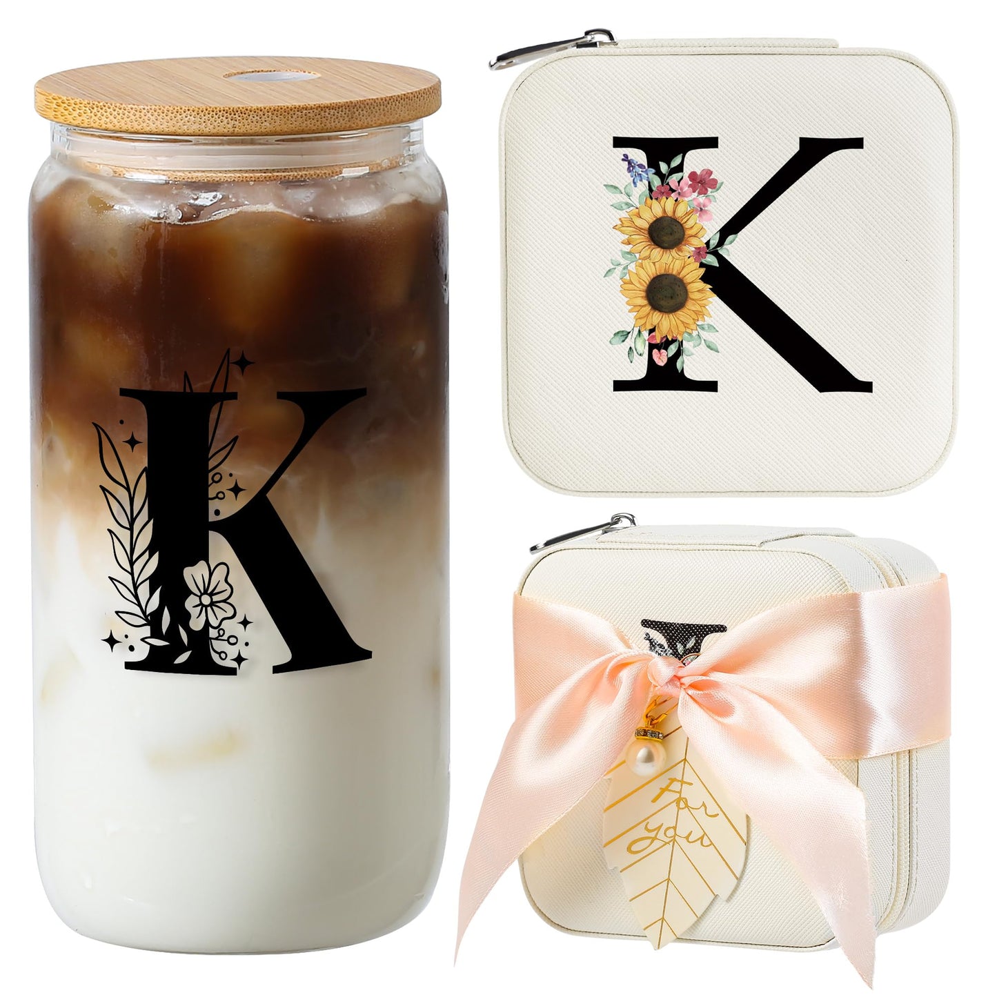 AYGXU Bridesmaid proposal gifts,16oz glass cups with bamboo lid,Travel Jewelry Organizer,Bridesmaid Gifts for Women,Wedding Travel Essentials Small Jewelry Box,Initial K white