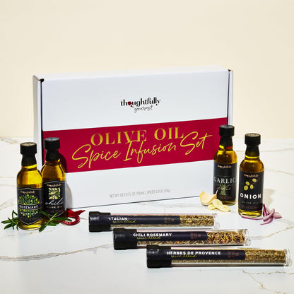Thoughtfully Gourmet, Olive Oil Spice Infusion Gift Set, Premium Cold Pressed Extra-Virgin Olive Oil from Spain, Includes 4 Flavored Olive Oils and 3 Flavorful Spice Infusion Blends, Set of 7