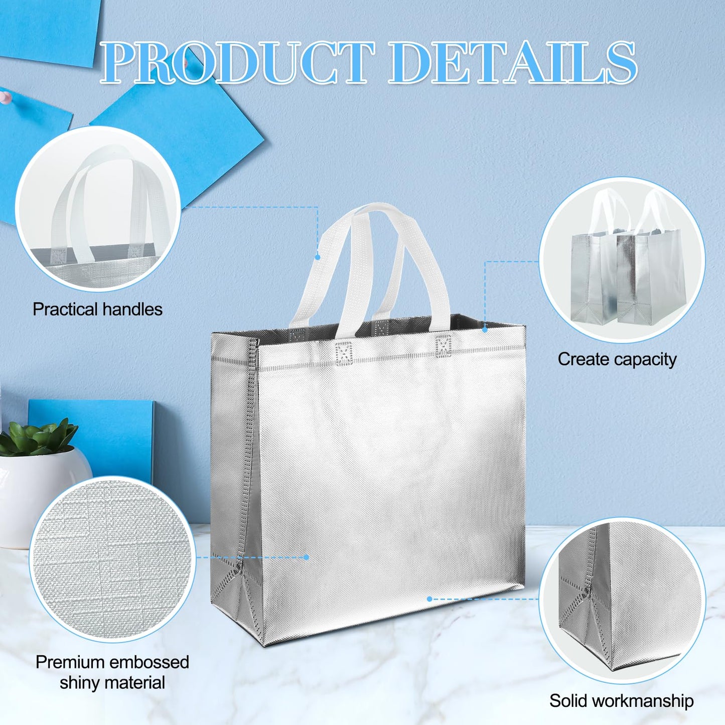 Eccliy 60 Pcs Reusable Gift Tote Bags Housekeeping Appreation Grocery Shopping Bag with Handles for Bridesmaid Wedding(Silver)