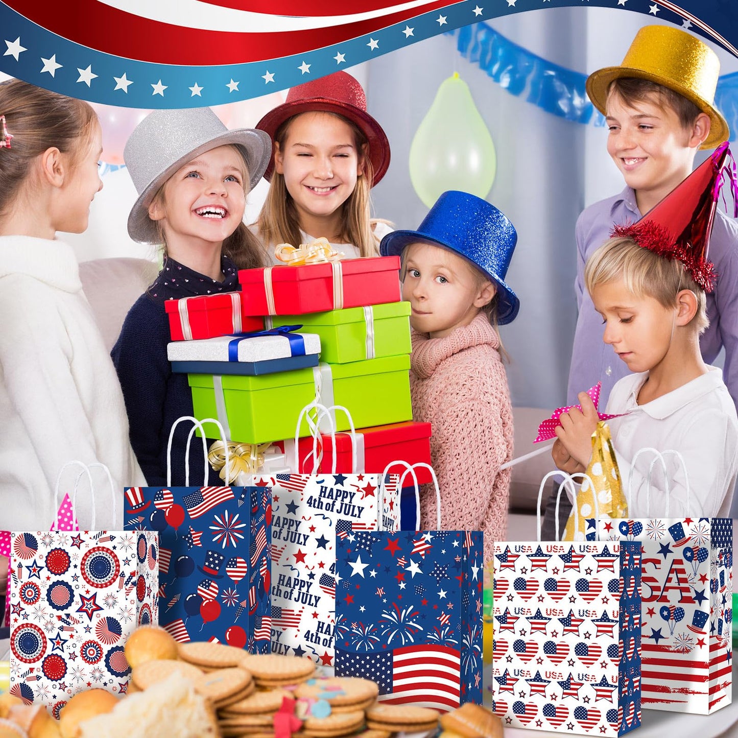 Glenmal 24 Pcs 4th of July Gift Bags with Handle Patriotic Red Blue White Gift American Flag Paper Candy Treat Goodie Bags for Wrapping Memorial Day Independence Day Party Favor