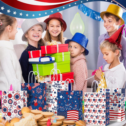 Glenmal 24 Pcs 4th of July Gift Bags with Handle Patriotic Red Blue White Gift American Flag Paper Candy Treat Goodie Bags for Wrapping Memorial Day Independence Day Party Favor