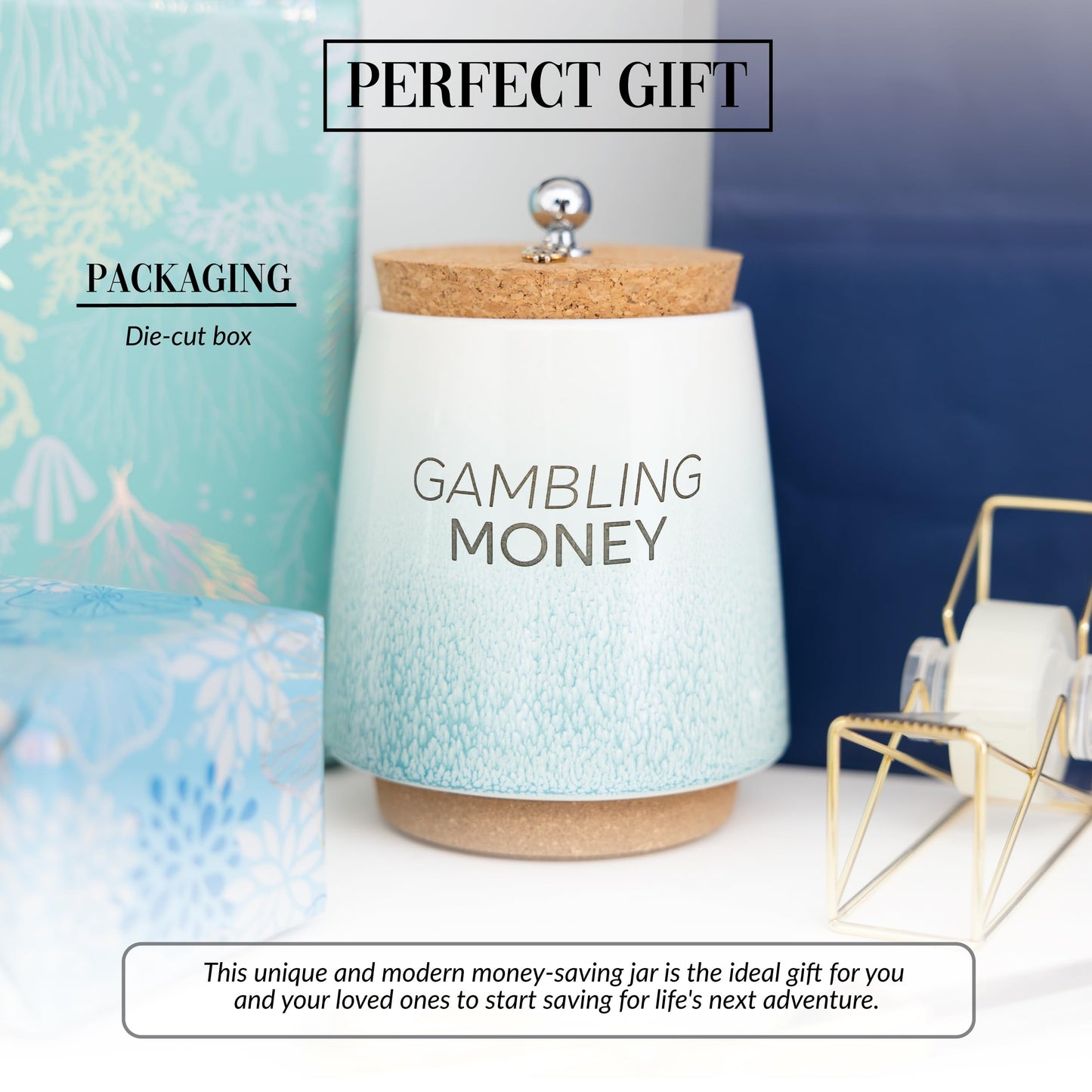 Pavilion Gift Company - Gambling Money 6.5-inch Unique Ceramic Piggy Bank Savings Bank Money Jar with Cork Base and Cork Lid, Ombre Teal