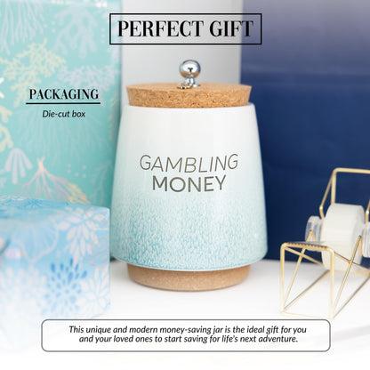 Pavilion Gift Company - Gambling Money 6.5-inch Unique Ceramic Piggy Bank Savings Bank Money Jar with Cork Base and Cork Lid, Ombre Teal