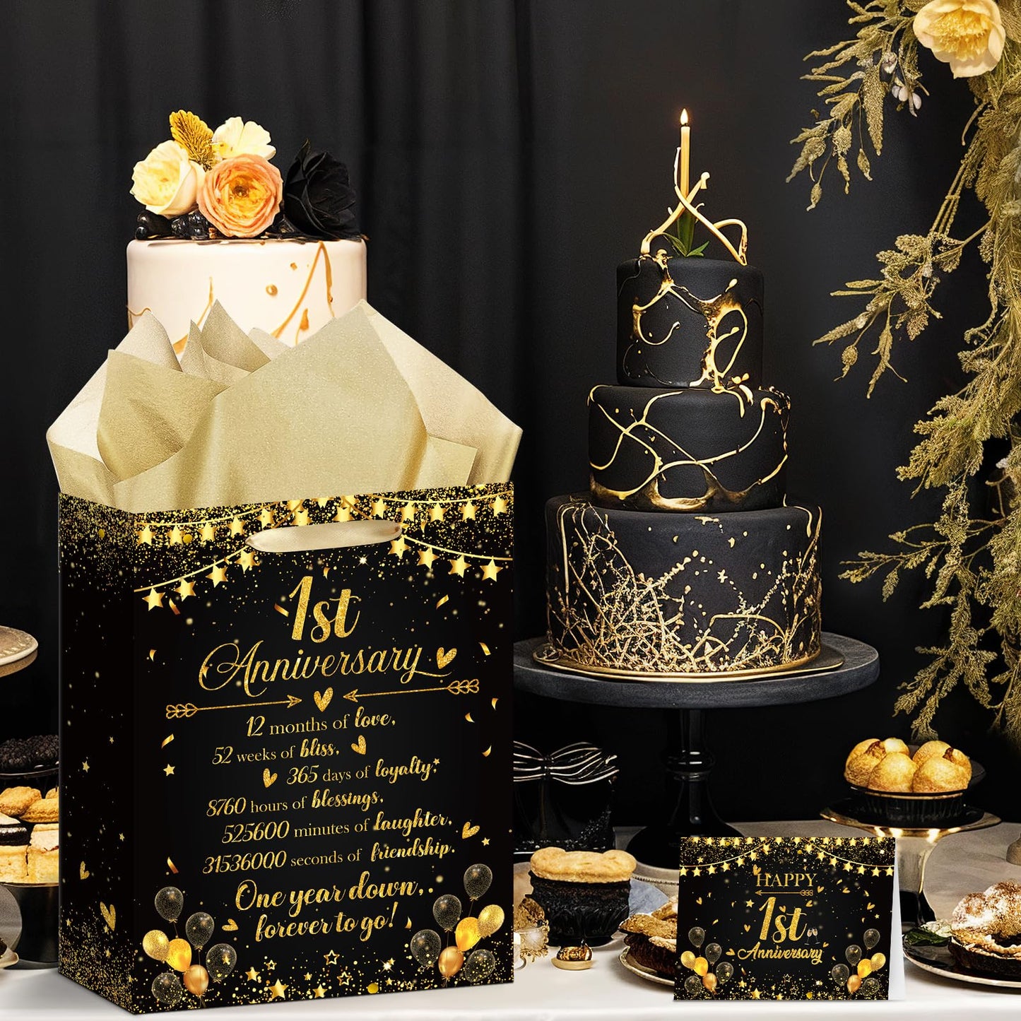Happy 1st Anniversary Party Favor Bag Black Gold One Year Wedding Anniversary Wrapping Paper Bag with Tissue Paper and Greeting Card First Wedding Candy Goodies Treat Bags for Couple Wife Husband