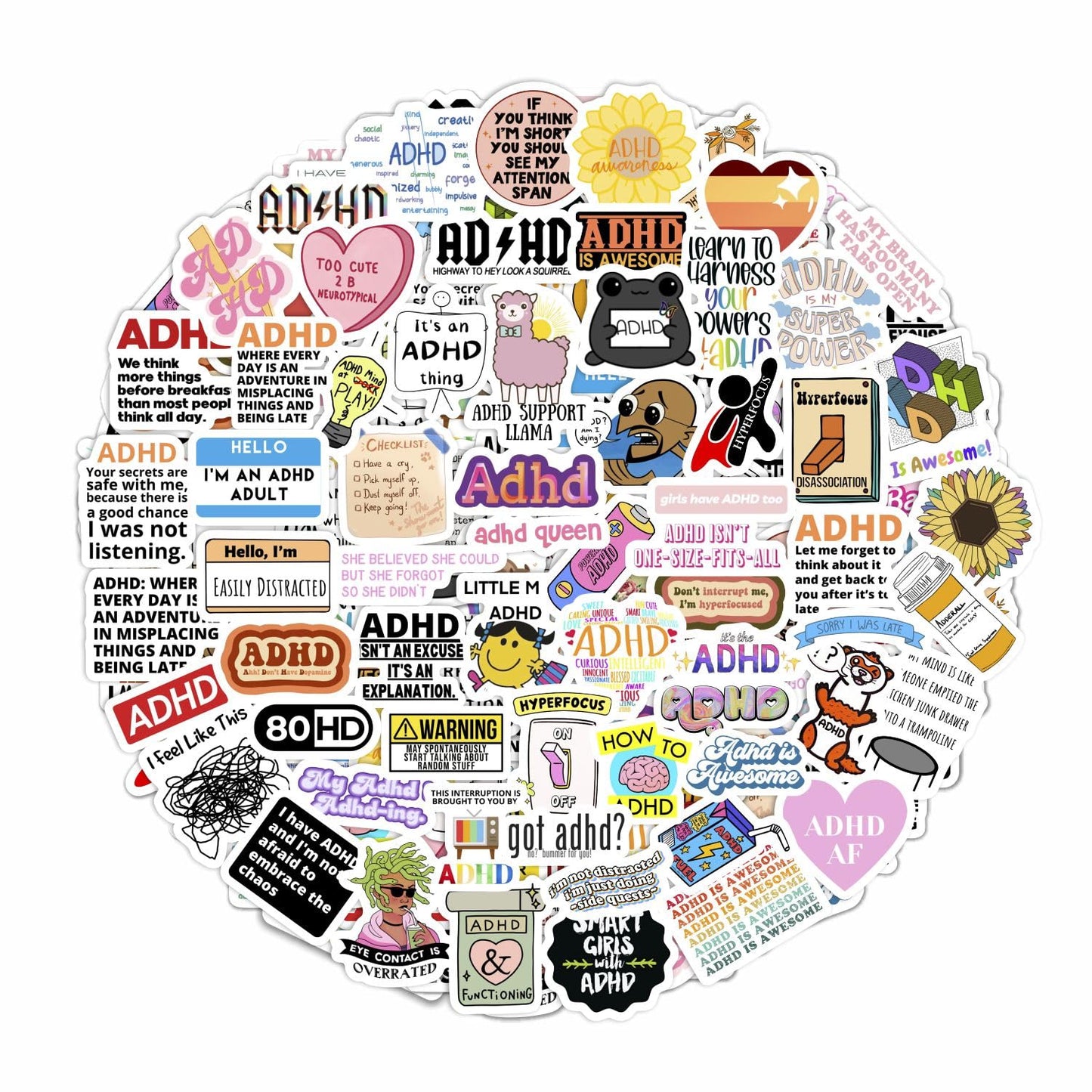 BulbaCraft 100Pcs Funny ADHD Stickers for Water Bottles, Laptops - ADHD Gifts for Adults, Gifts for Women & Men