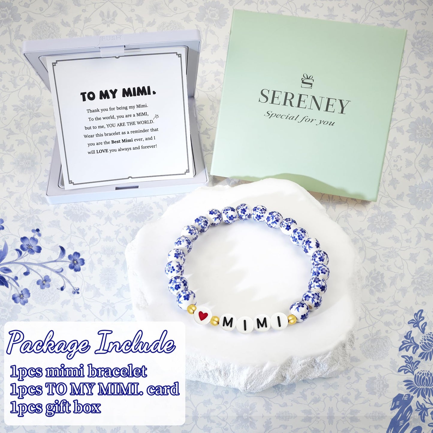 Sereney Mimi/Gigi/Nana/New Mom Gifts, Mimi/Gigi/Nana/New Mom Bracelet as Birthday Gift for Grandmother Great-grandmother Mother-in-law Mama, Bule and White Porcelain Stretch Bead Bracelet for Women
