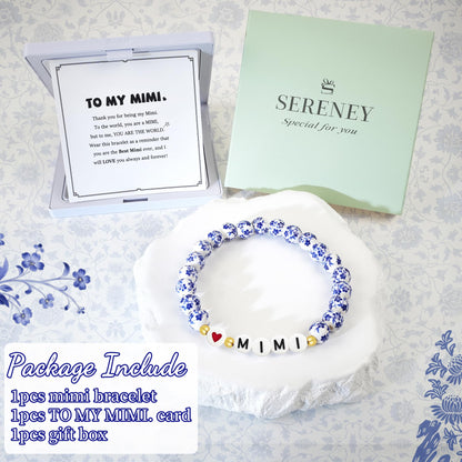 Sereney Mimi/Gigi/Nana/New Mom Gifts, Mimi/Gigi/Nana/New Mom Bracelet as Birthday Gift for Grandmother Great-grandmother Mother-in-law Mama, Bule and White Porcelain Stretch Bead Bracelet for Women