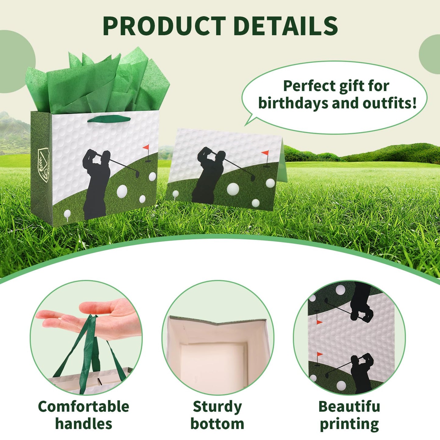 Golf Birthday Gift Bag, Golf Themed Green Gift Wrapping Bag with Tissue Paper and Greeting Card for Men Kids Sports Themed Birthday Party Decor Supplies