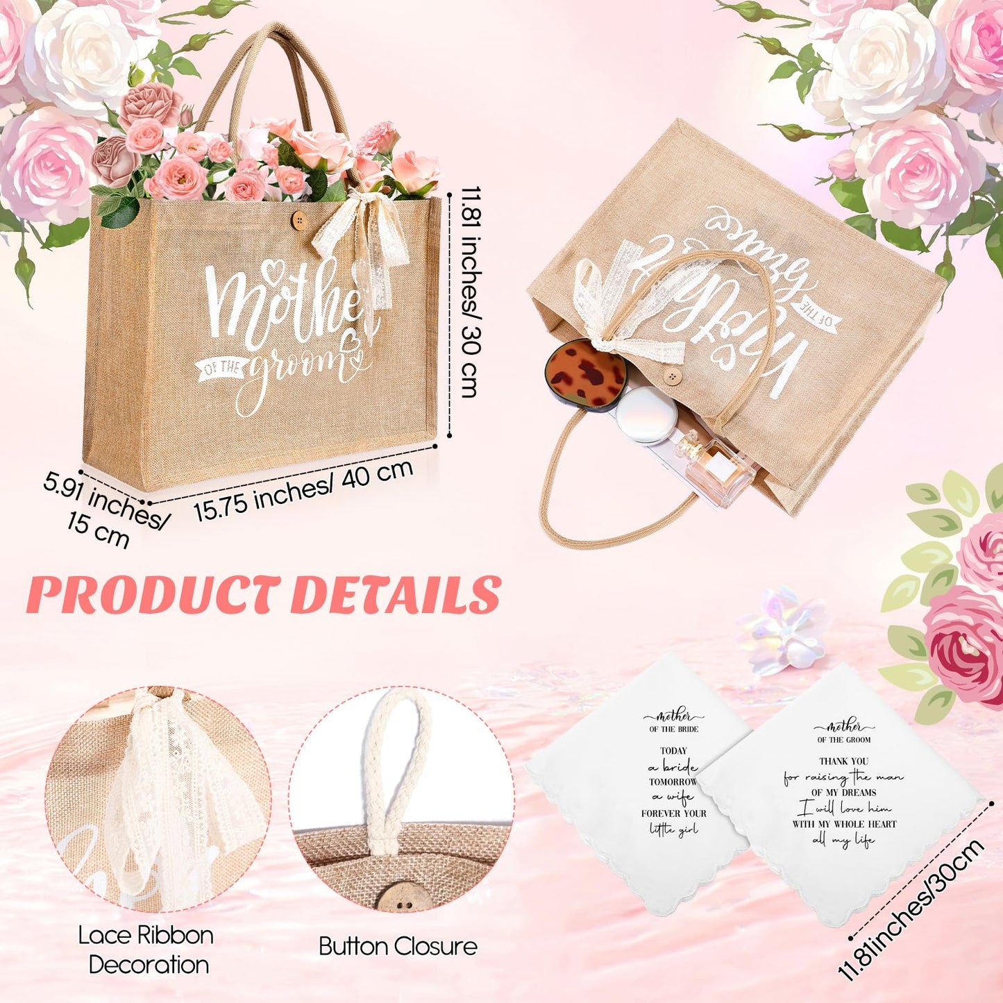 Hushee 2 Sets Mother of The Bride and Mother of The Groom Gifts Set Includes 20 oz Tumblers Canvas Tote Bags Cosmetic Bag Handkerchief Candle for Mom Bridal Shower Wedding Gifts