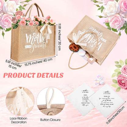 Hushee 2 Sets Mother of The Bride and Mother of The Groom Gifts Set Includes 20 oz Tumblers Canvas Tote Bags Cosmetic Bag Handkerchief Candle for Mom Bridal Shower Wedding Gifts