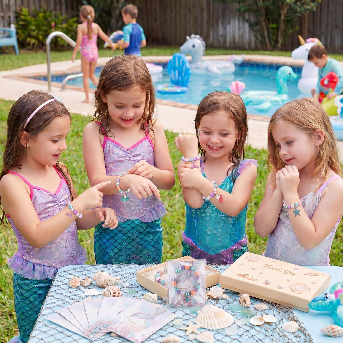 Misdary 12 Set Mermaid Party Favors Kids Beaded Bracelets Thank You Cards Goodie Bags Gifts Theme Party Accessories for Girls Jewelry Princess Birthday Prize Gifts Birthday Decorations
