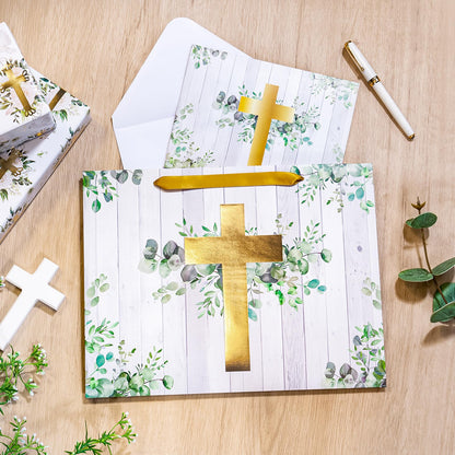 WRAPAHOLIC 13" Large Religious Gift Bag with Card and Tissue Paper - Gold Foil Eucalyptus Cross Design for First Communion, Easter, Baby Baptisms, Christenings
