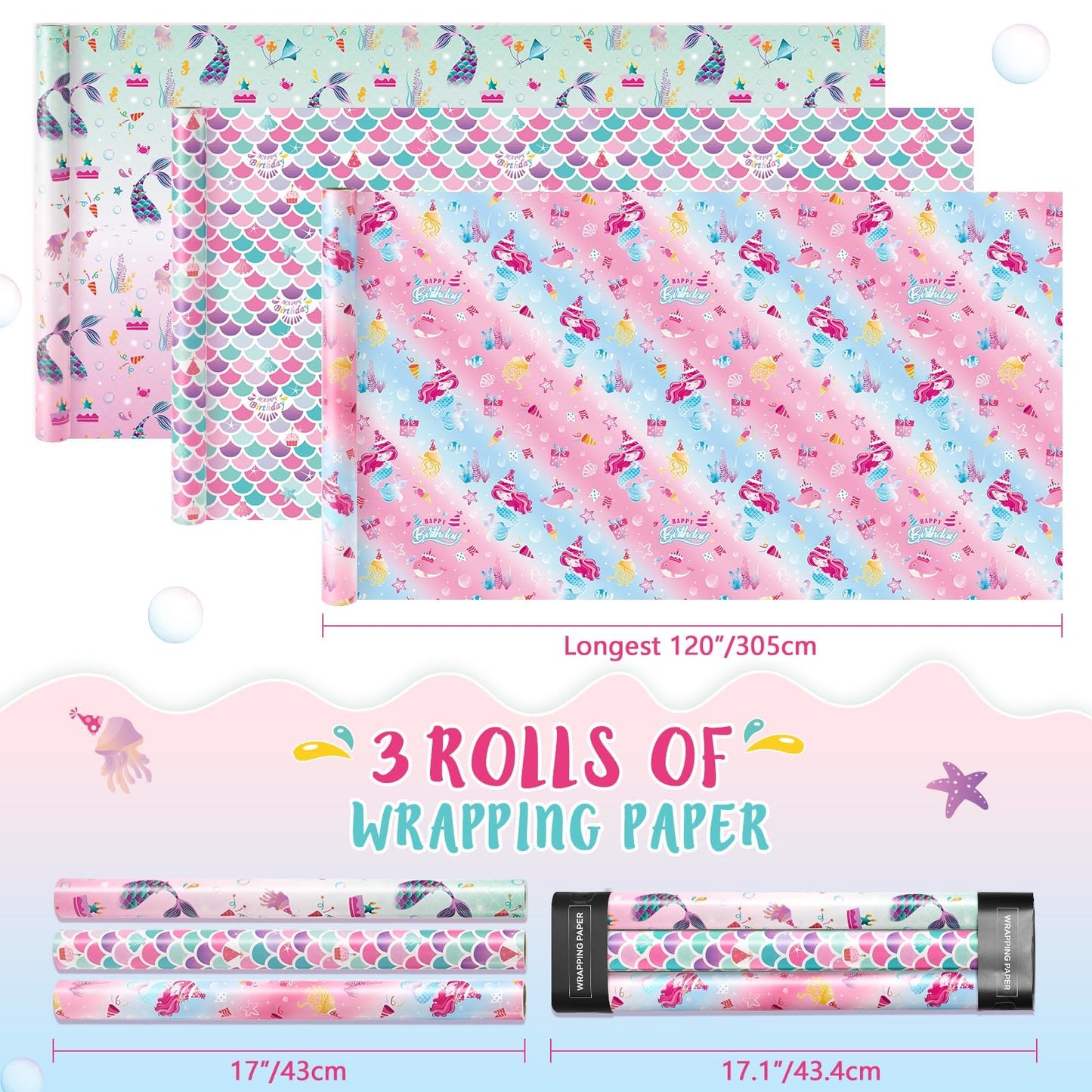 WERNNSAI Mermaid Wrapping Paper - 3 Rolls 17” x 120” Girls Birthday Wrapping Paper Rolls Mermaid Gift Wrap Paper Kids Pink Baby Shower Ocean Theme Party Gift Packing Supply with Cutting Lines